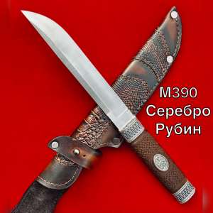 Нож Ручная Авторская Работа Рубин Серебро 265мм М390 62HRC !!!Супер Цена!!!